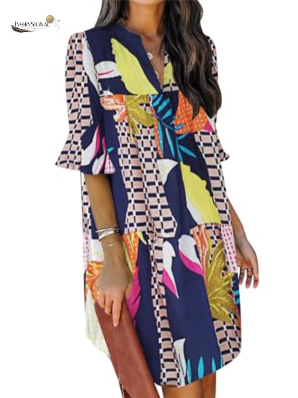 Women's Ruffle Sleeve V-Neck Swing Mini Dress Flowy Casual Shift